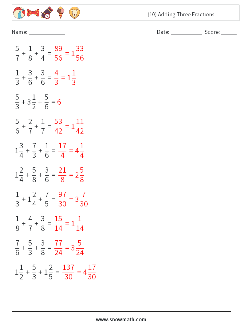 (10) Adding Three Fractions Math Worksheets 16 Question, Answer
