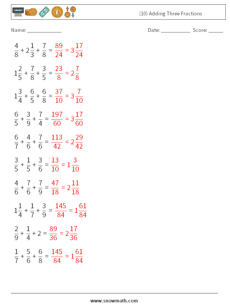 (10) Adding Three Fractions Math Worksheets 17 Question, Answer