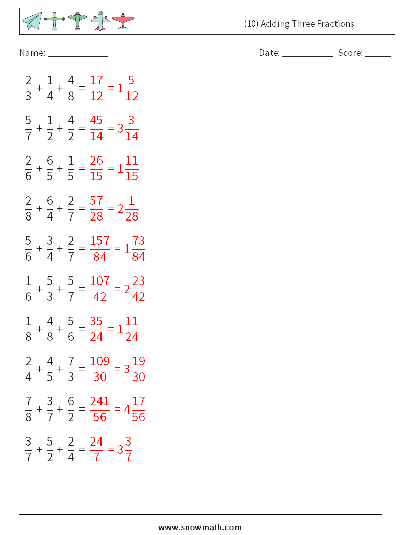 (10) Adding Three Fractions Math Worksheets 18 Question, Answer