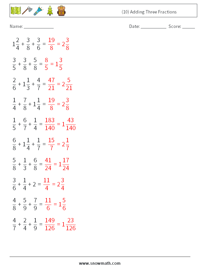 (10) Adding Three Fractions Math Worksheets 1 Question, Answer