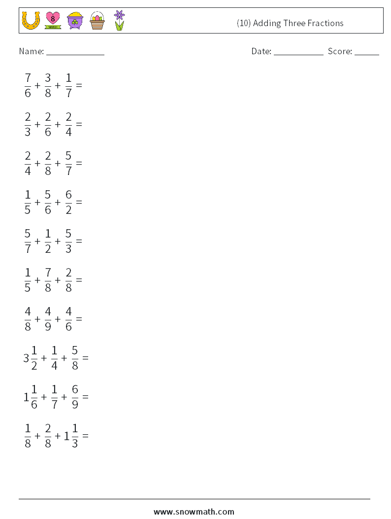 (10) Adding Three Fractions Math Worksheets 2