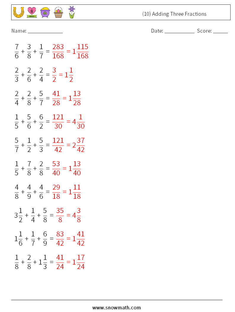 (10) Adding Three Fractions Math Worksheets 2 Question, Answer