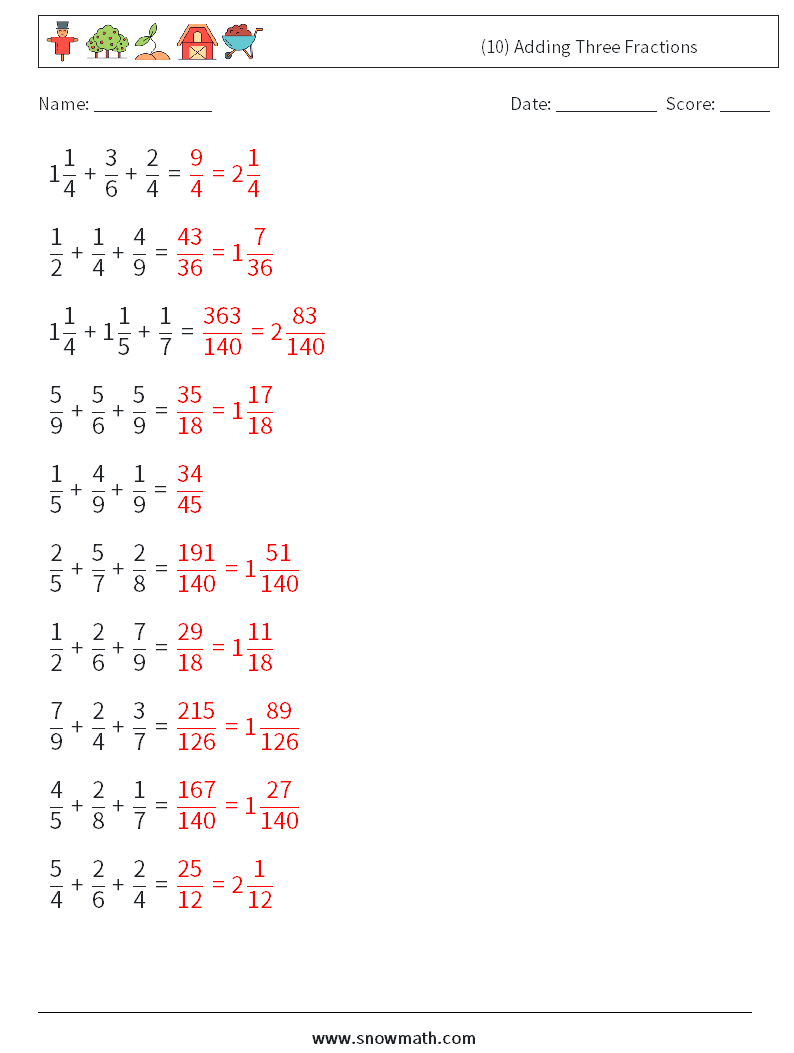 (10) Adding Three Fractions Math Worksheets 3 Question, Answer