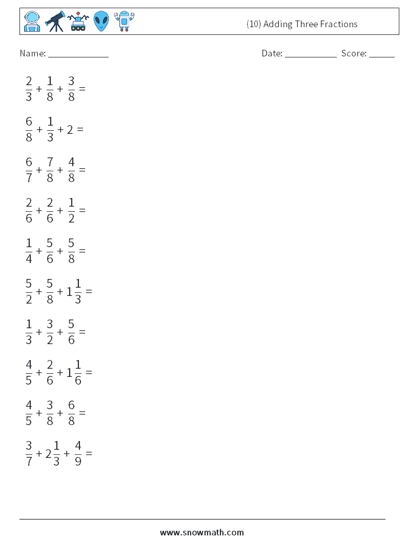 (10) Adding Three Fractions Math Worksheets 4