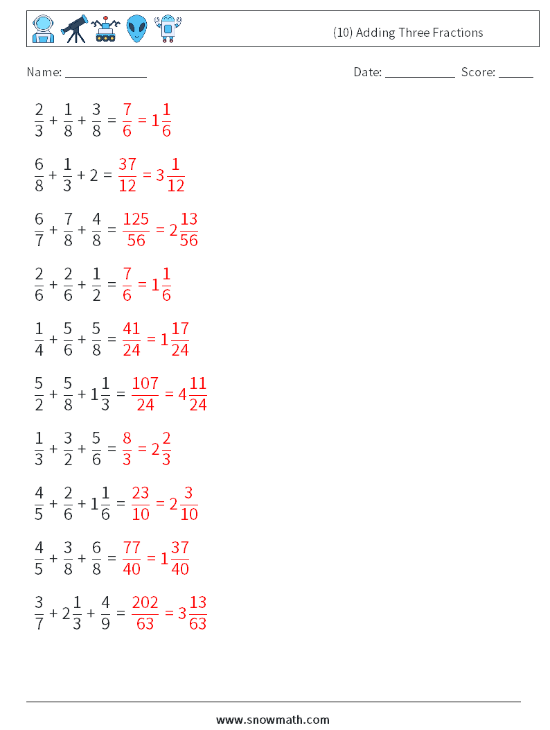 (10) Adding Three Fractions Math Worksheets 4 Question, Answer