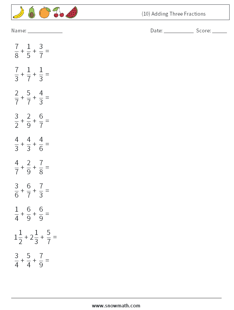 (10) Adding Three Fractions Math Worksheets 5