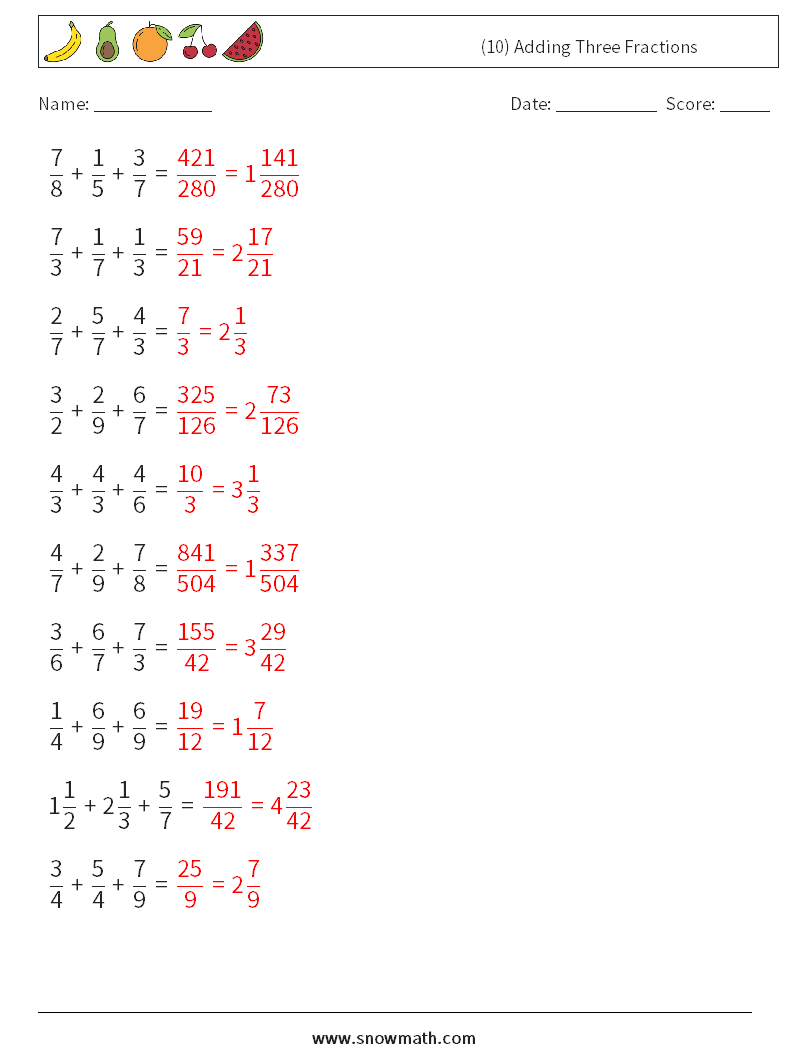 (10) Adding Three Fractions Math Worksheets 5 Question, Answer