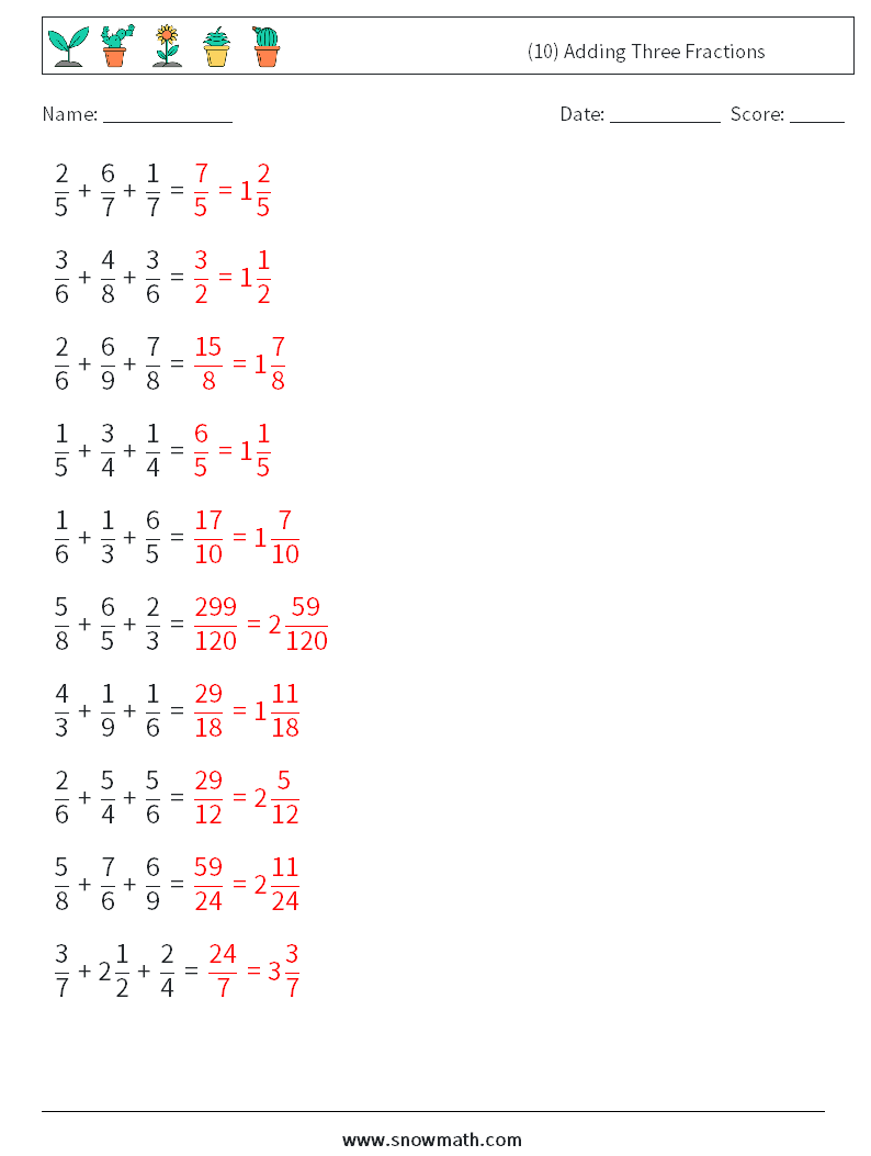 (10) Adding Three Fractions Math Worksheets 6 Question, Answer