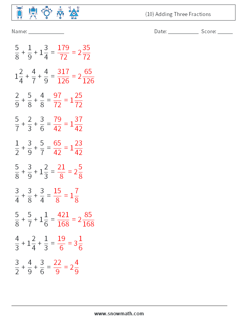 (10) Adding Three Fractions Math Worksheets 7 Question, Answer