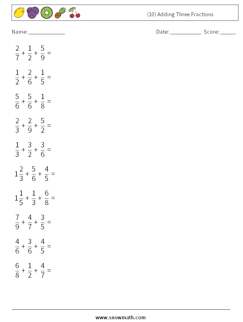 (10) Adding Three Fractions Math Worksheets 8