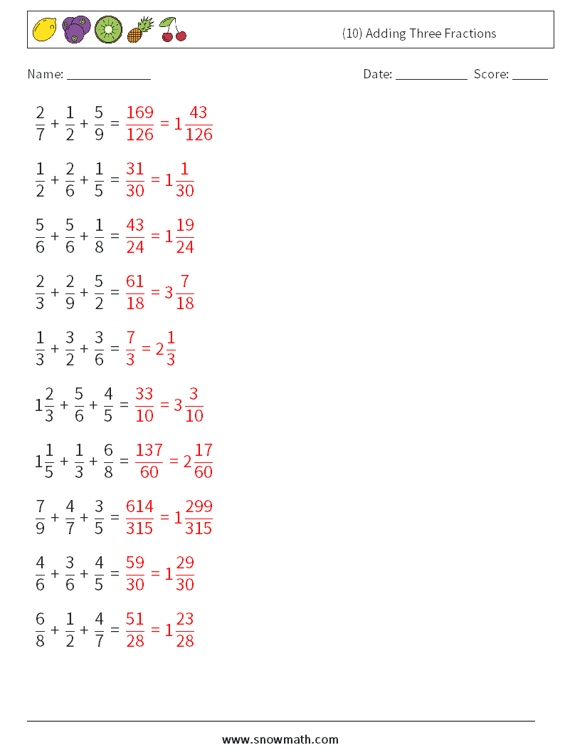 (10) Adding Three Fractions Math Worksheets 8 Question, Answer