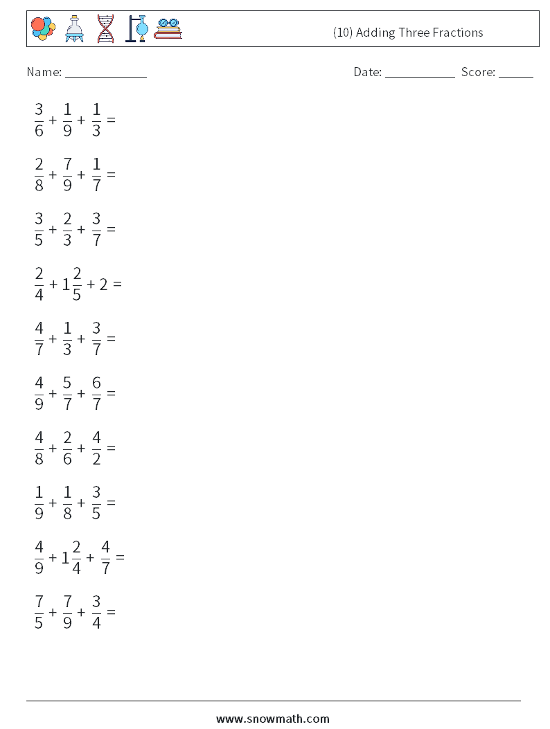 (10) Adding Three Fractions Math Worksheets 9