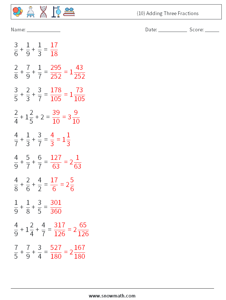 (10) Adding Three Fractions Math Worksheets 9 Question, Answer