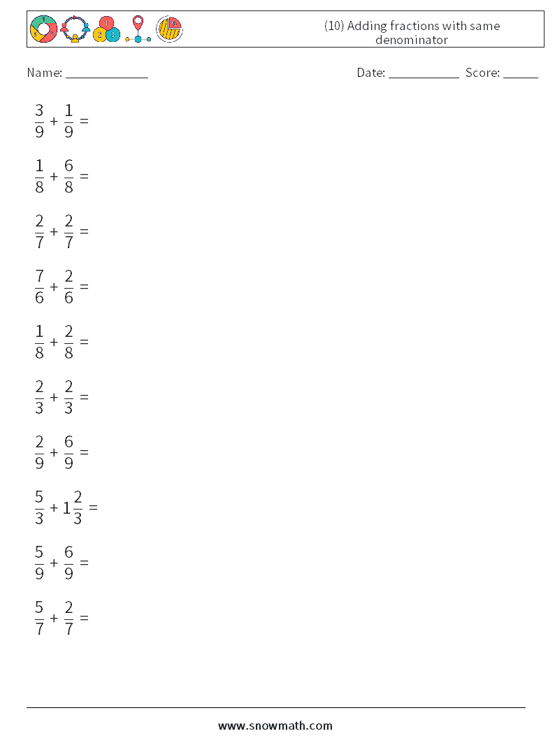 (10) Adding fractions with same denominator Math Worksheets 1
