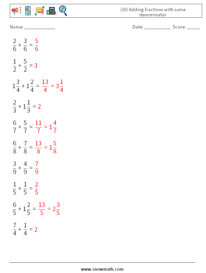 (10) Adding fractions with same denominator Math Worksheets 10 Question, Answer