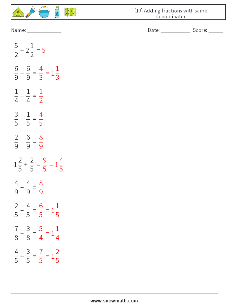 (10) Adding fractions with same denominator Math Worksheets 11 Question, Answer