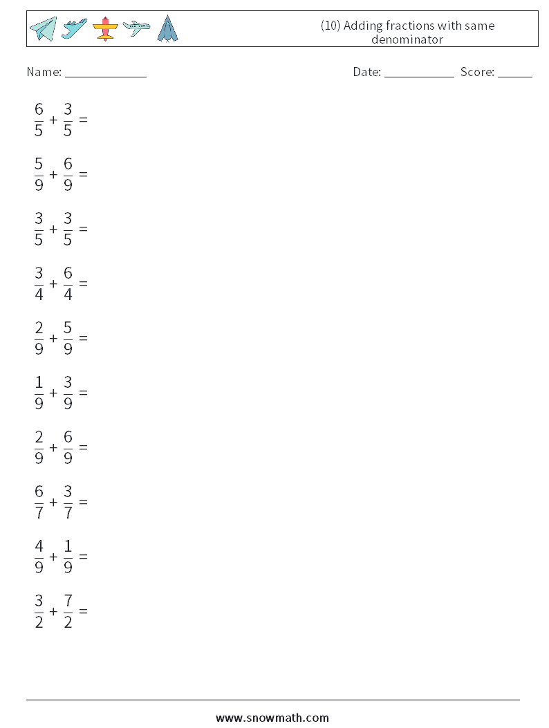 (10) Adding fractions with same denominator Math Worksheets 12