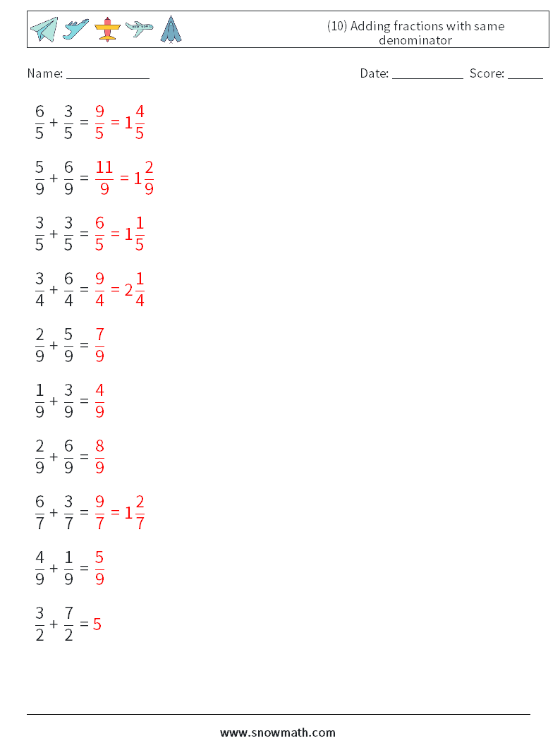 (10) Adding fractions with same denominator Math Worksheets 12 Question, Answer