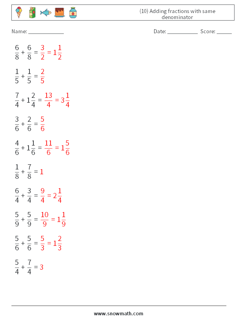 (10) Adding fractions with same denominator Math Worksheets 13 Question, Answer