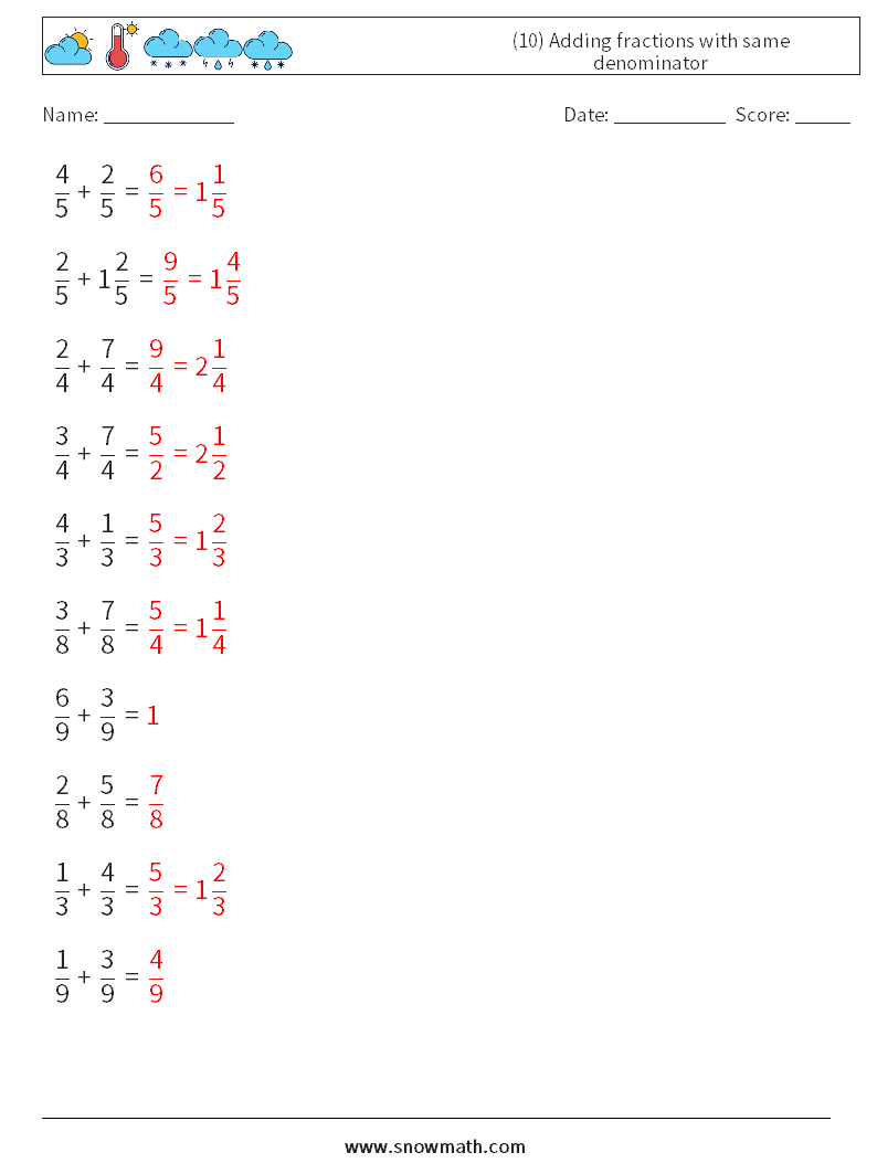 (10) Adding fractions with same denominator Math Worksheets 14 Question, Answer