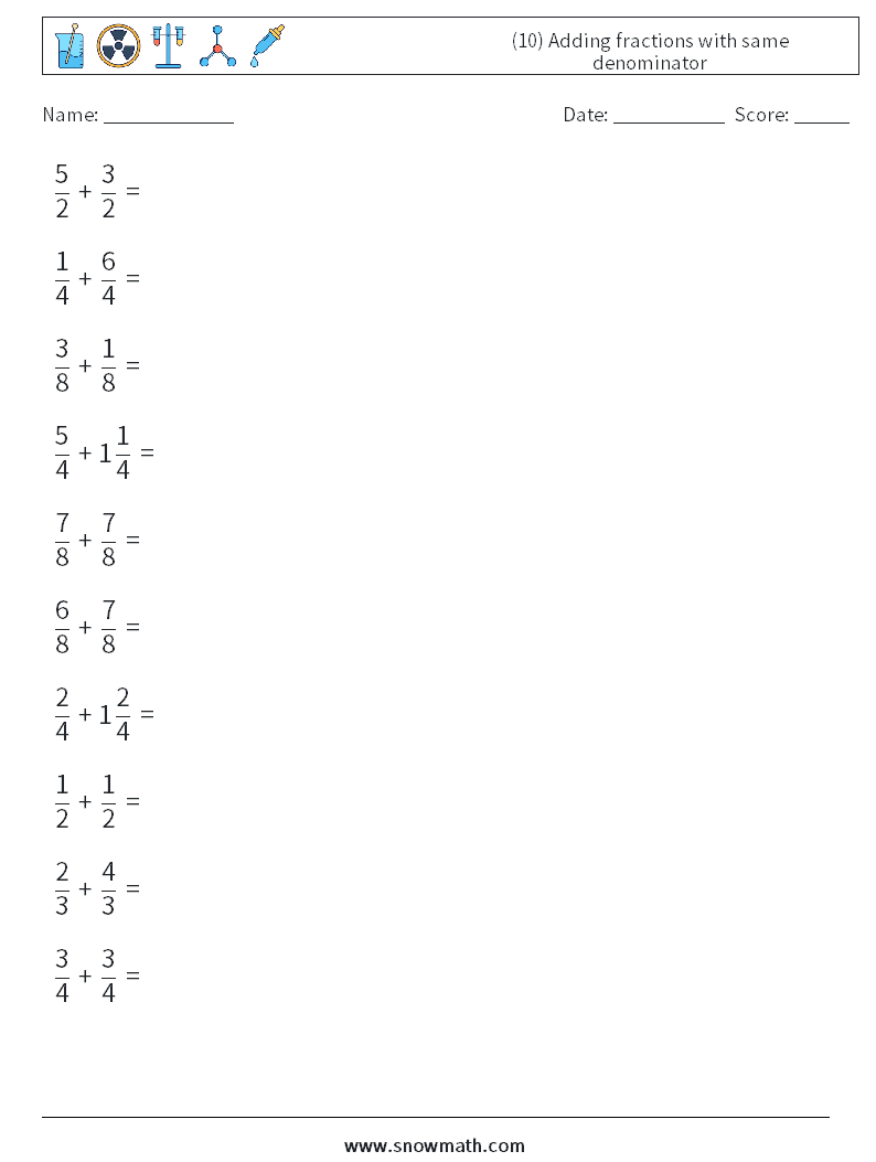 (10) Adding fractions with same denominator Math Worksheets 15