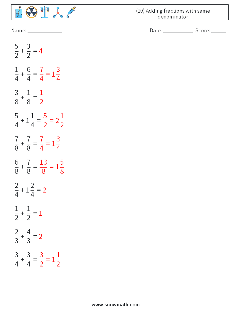 (10) Adding fractions with same denominator Math Worksheets 15 Question, Answer