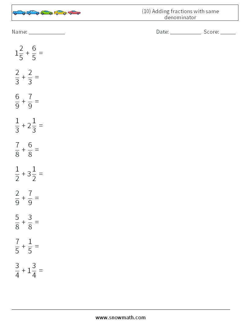 (10) Adding fractions with same denominator Math Worksheets 16