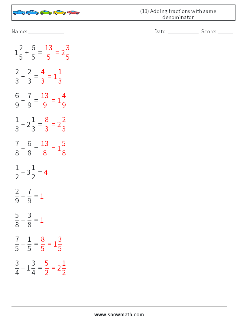(10) Adding fractions with same denominator Math Worksheets 16 Question, Answer