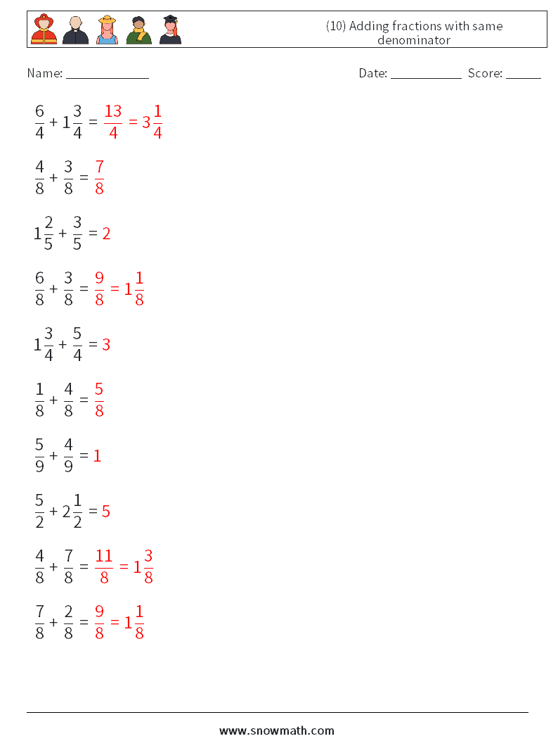 (10) Adding fractions with same denominator Math Worksheets 17 Question, Answer