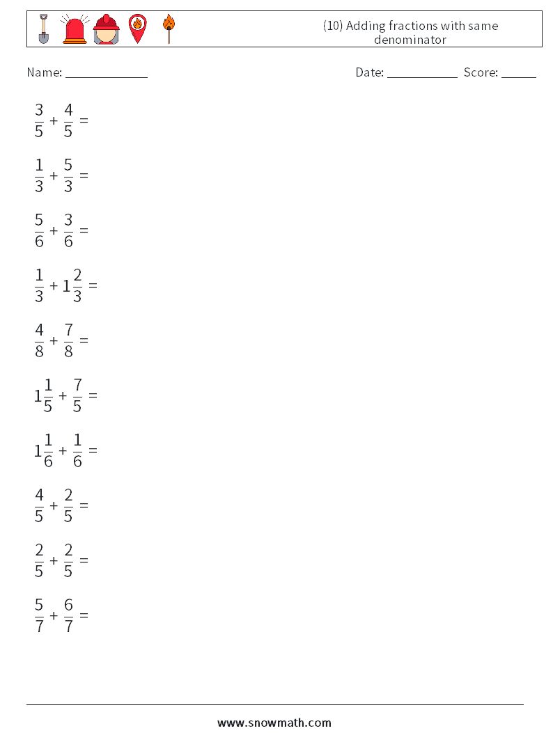 (10) Adding fractions with same denominator Math Worksheets 18