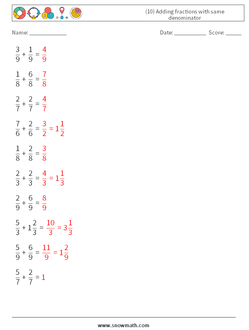 (10) Adding fractions with same denominator Math Worksheets 1 Question, Answer