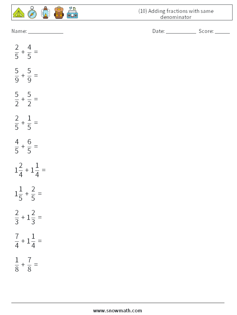 (10) Adding fractions with same denominator Math Worksheets 2