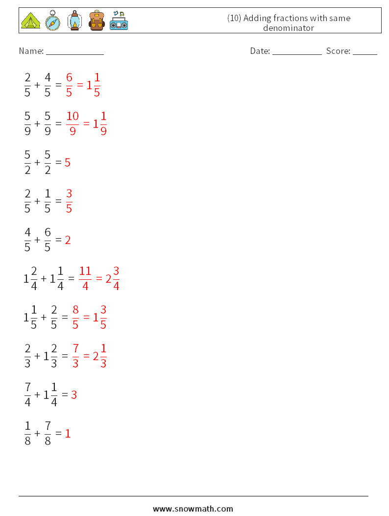 (10) Adding fractions with same denominator Math Worksheets 2 Question, Answer