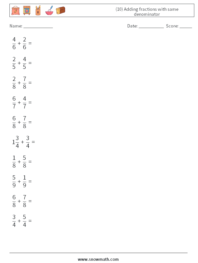 (10) Adding fractions with same denominator Math Worksheets 3