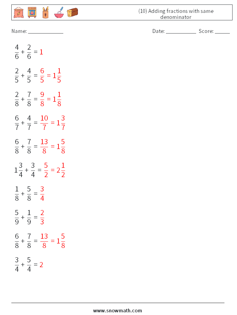 (10) Adding fractions with same denominator Math Worksheets 3 Question, Answer