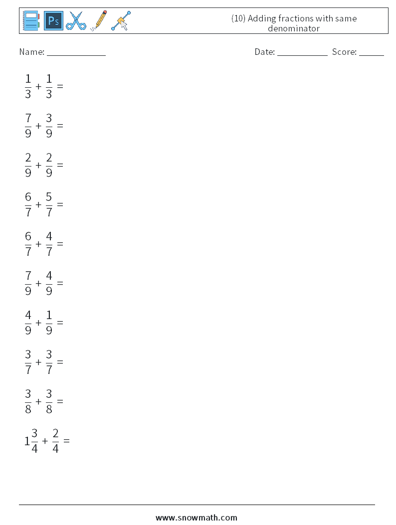 (10) Adding fractions with same denominator Math Worksheets 4