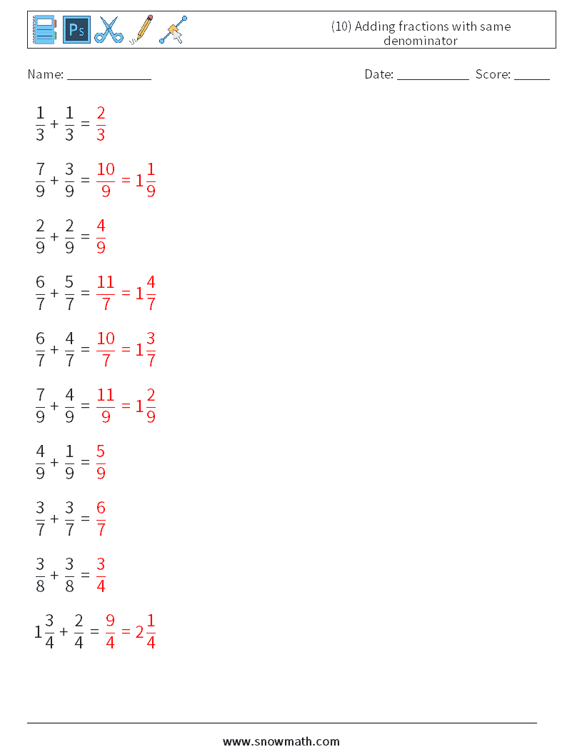 (10) Adding fractions with same denominator Math Worksheets 4 Question, Answer