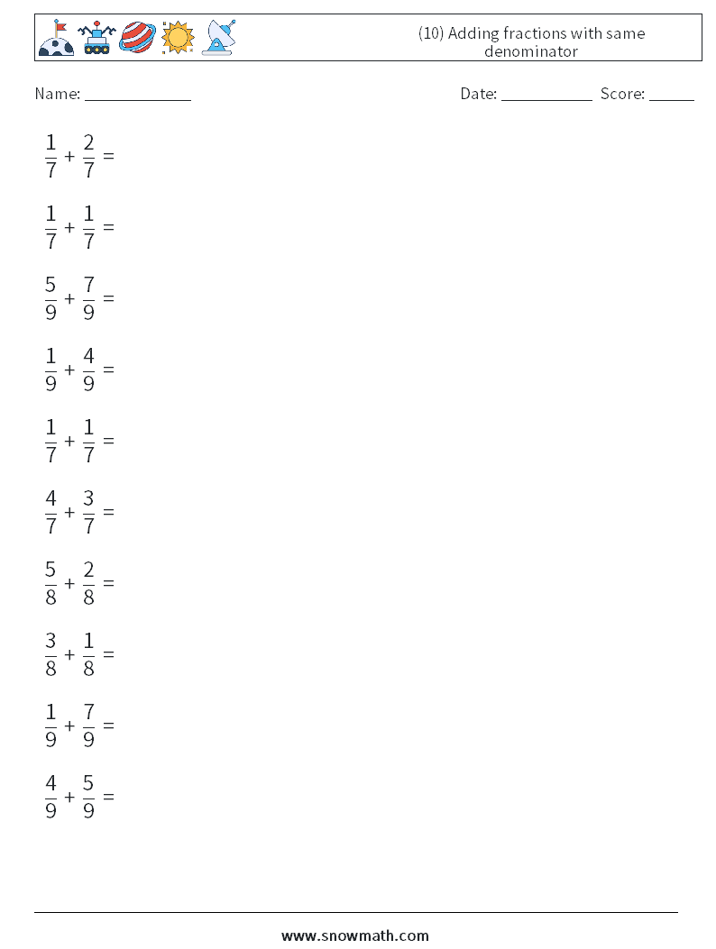 (10) Adding fractions with same denominator Math Worksheets 5