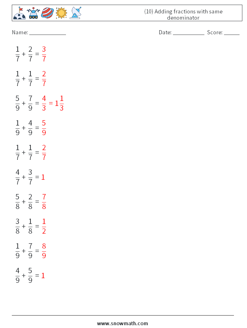 (10) Adding fractions with same denominator Math Worksheets 5 Question, Answer