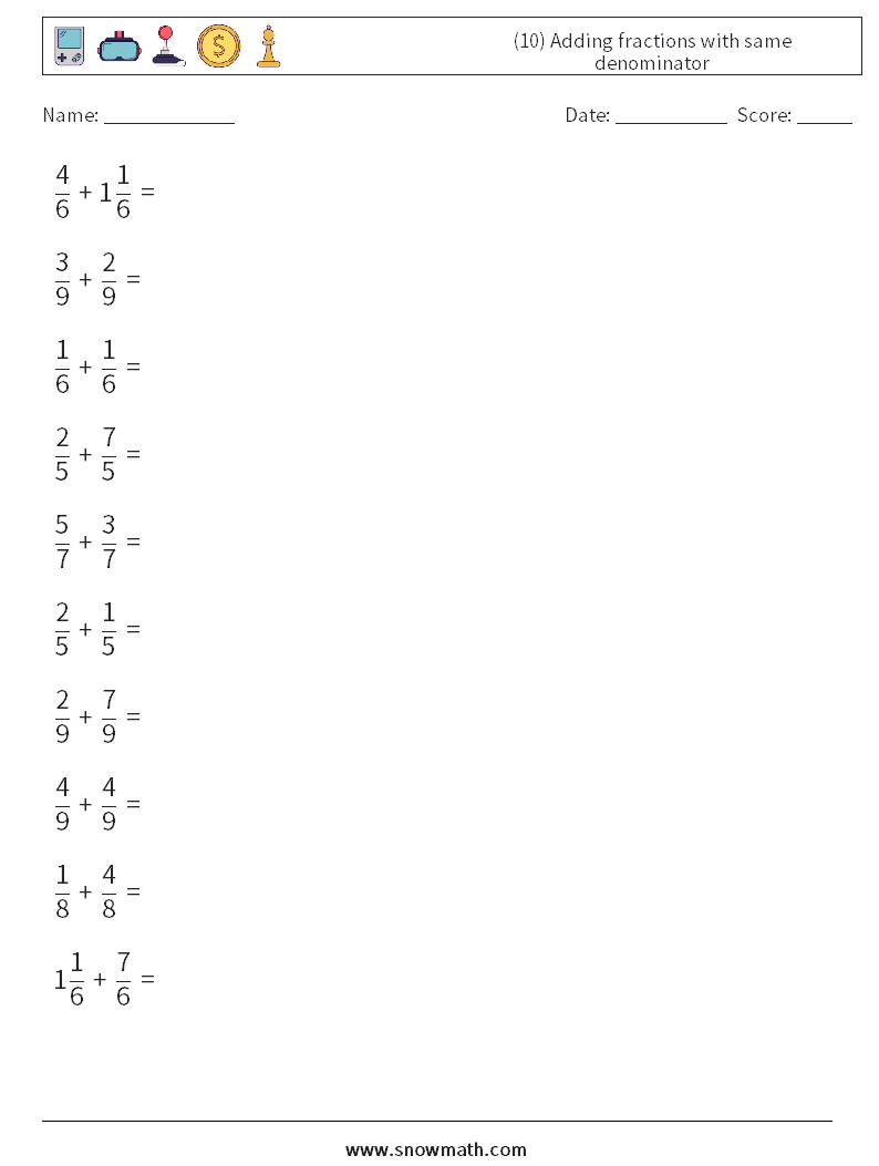 (10) Adding fractions with same denominator Math Worksheets 6