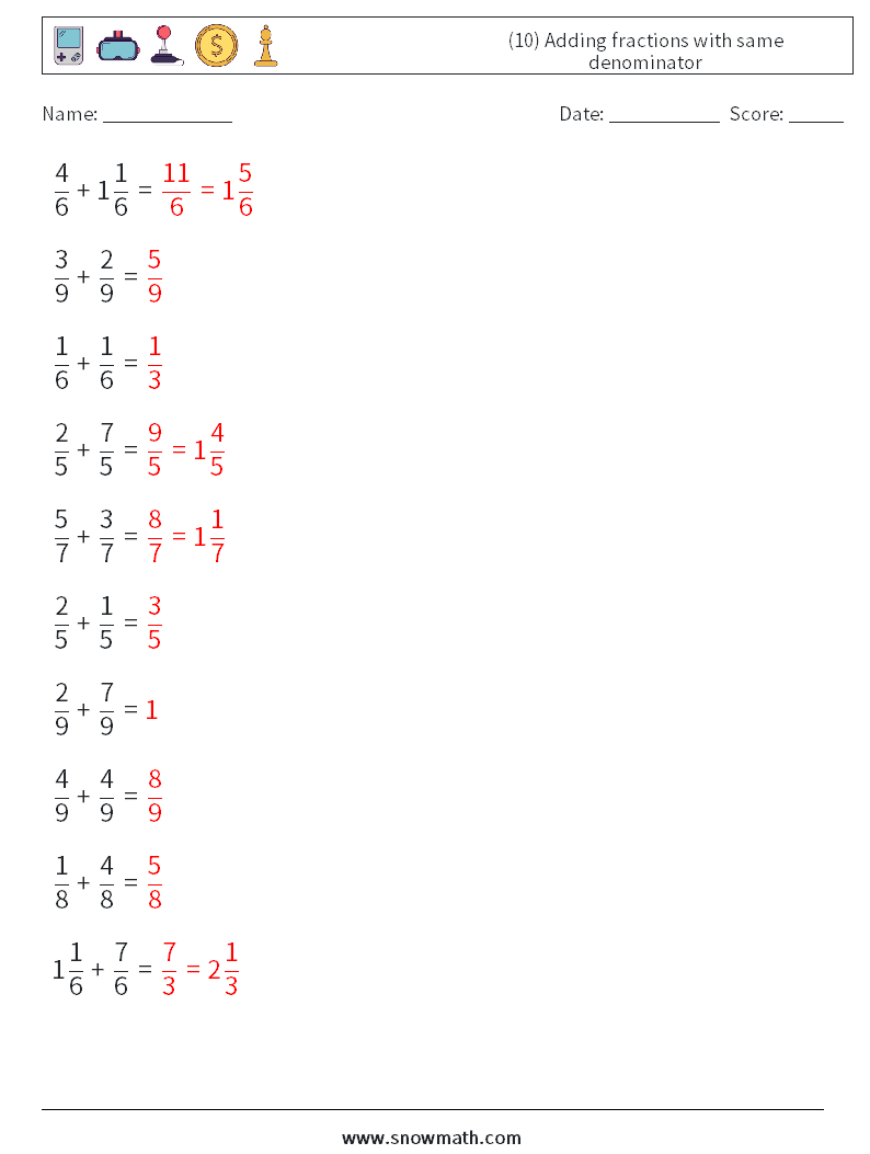 (10) Adding fractions with same denominator Math Worksheets 6 Question, Answer