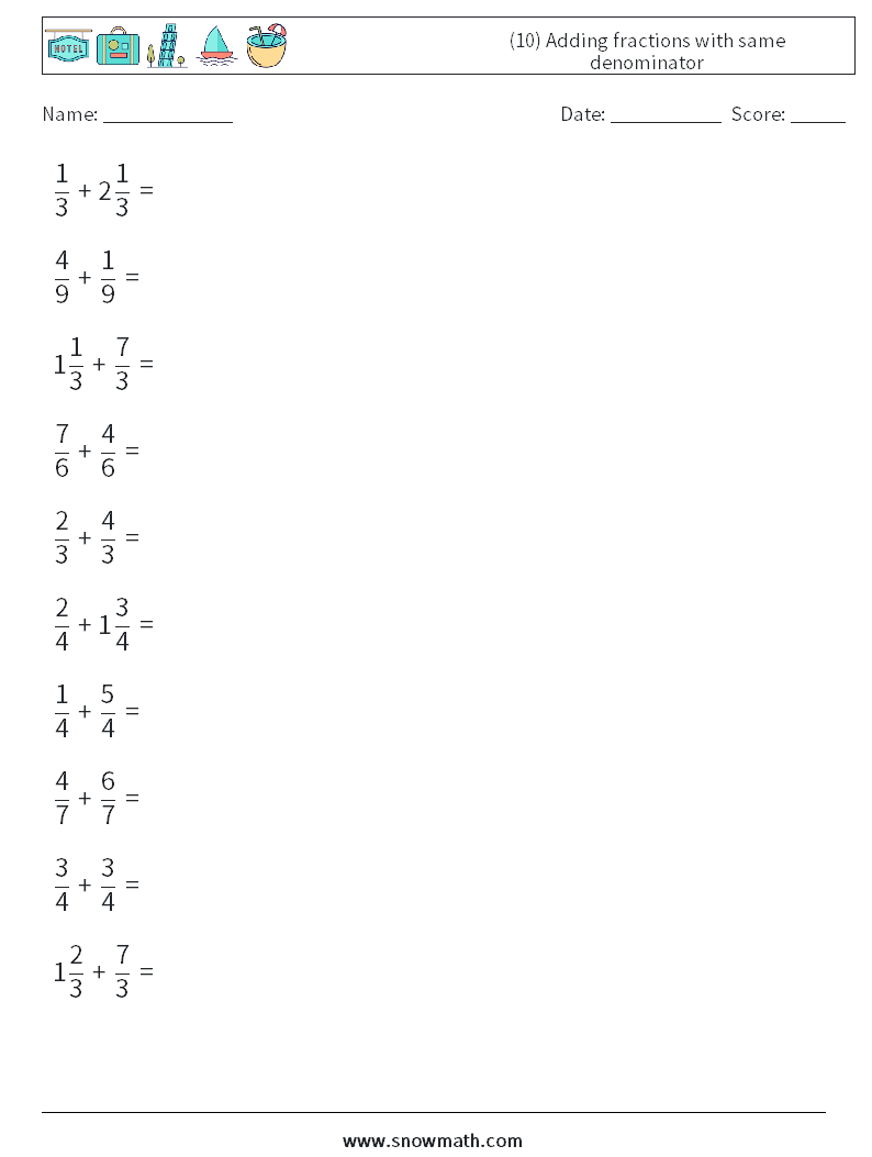 (10) Adding fractions with same denominator Math Worksheets 7