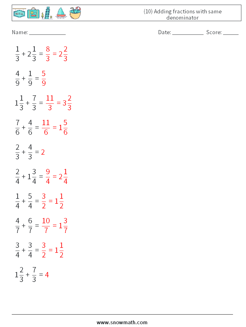 (10) Adding fractions with same denominator Math Worksheets 7 Question, Answer
