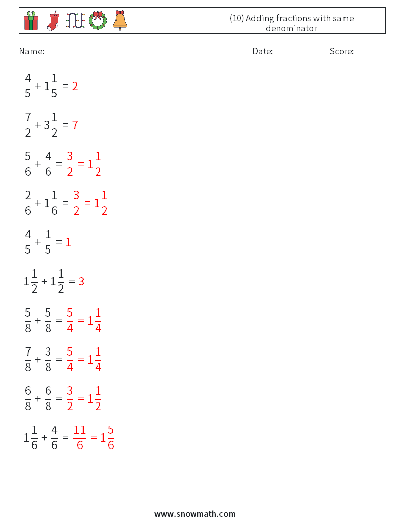 (10) Adding fractions with same denominator Math Worksheets 8 Question, Answer