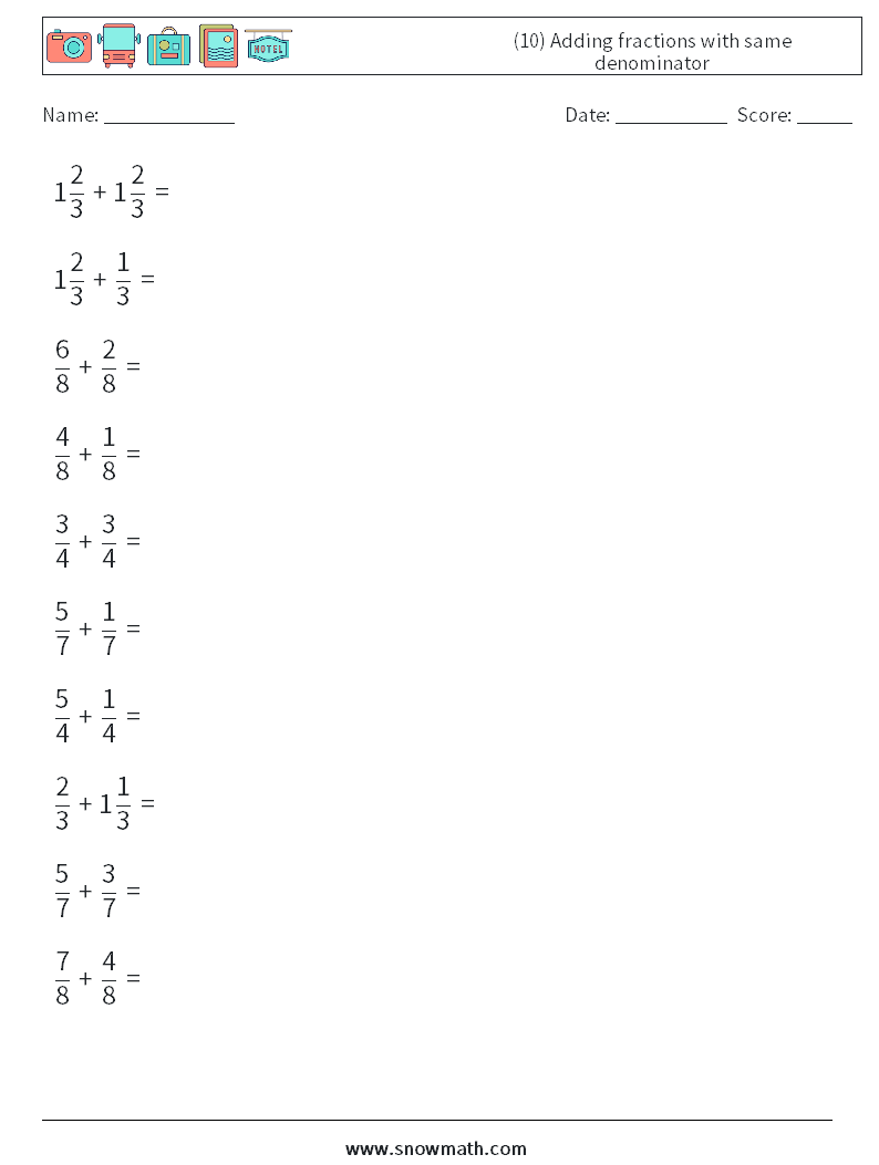 (10) Adding fractions with same denominator Math Worksheets 9