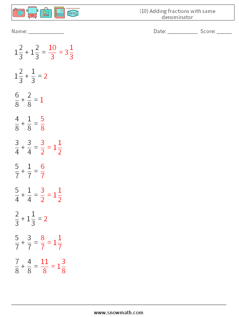(10) Adding fractions with same denominator Math Worksheets 9 Question, Answer