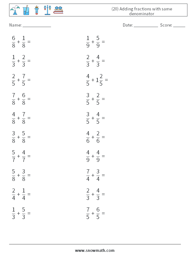 (20) Adding fractions with same denominator Math Worksheets 10