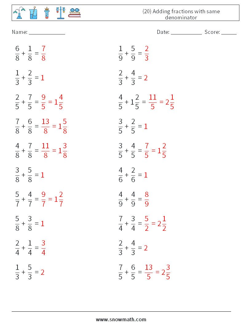 (20) Adding fractions with same denominator Math Worksheets 10 Question, Answer
