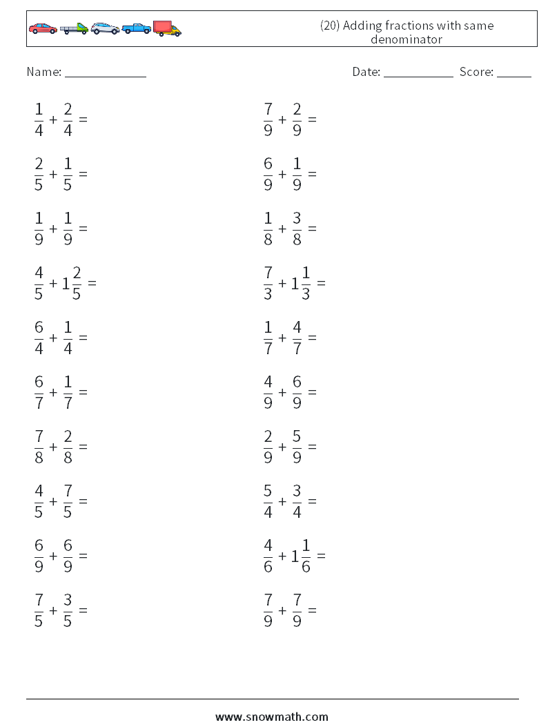 (20) Adding fractions with same denominator Math Worksheets 11