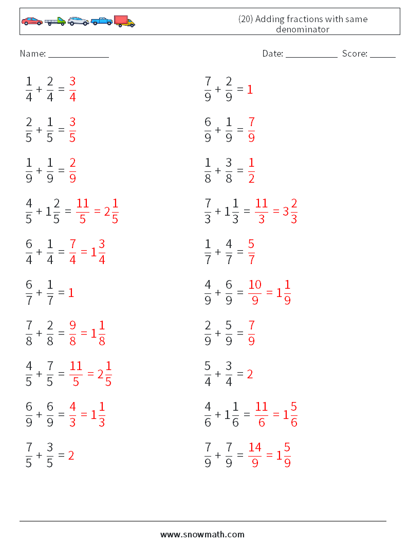 (20) Adding fractions with same denominator Math Worksheets 11 Question, Answer